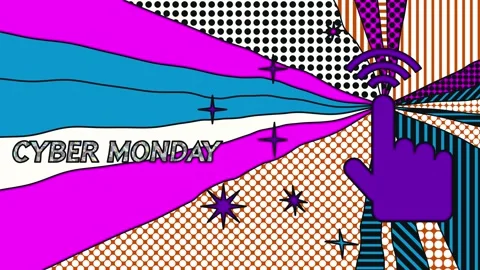 Cyber Monday text pulses next to a purple hand cursor clicking against a Video stock 348765637