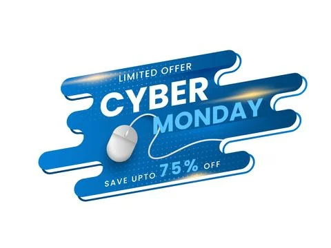 Cyber Monday Text with Realistic Mouse and 75% Discount Offer on Blue and W.. Illustrazione stock