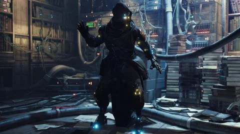 Cyber Monk practices cyber magic in his high-tech and futuristic laboratory Stock Illustration