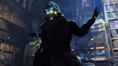 Cyber Monk practices cyber magic in his high-tech and futuristic laboratory Stock Illustration