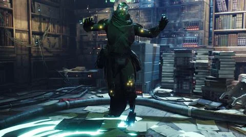 Cyber Monk practices cyber magic in his high-tech and futuristic laboratory Stock Illustration