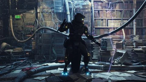 Cyber Monk practices cyber magic in his high-tech and futuristic laboratory Stock Illustration