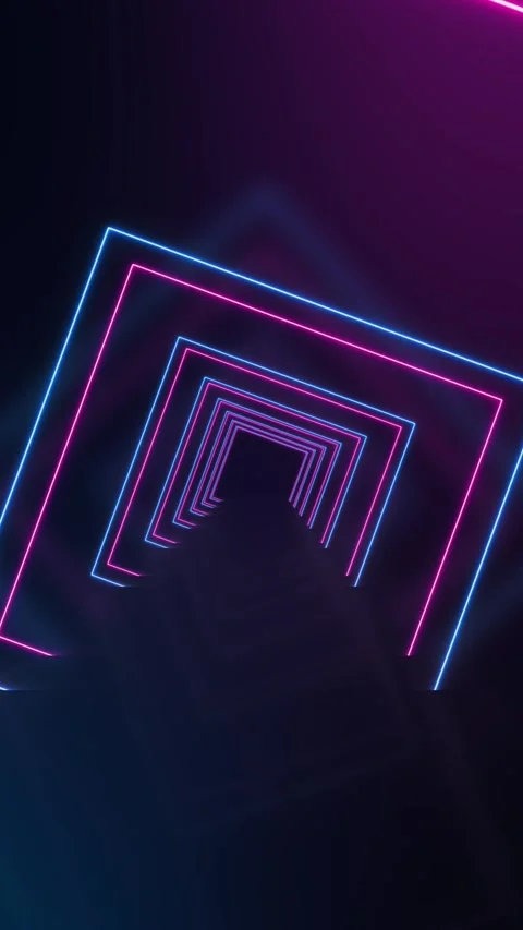 Cyber neon frame corridor repeated square outlines, pink and blue lights, deep f Stock Footage 340477501