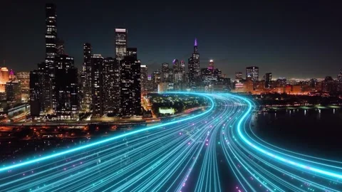 Cyber network graphics overlaying the Chicago city landscape, during night Vídeos de archivo 345888906