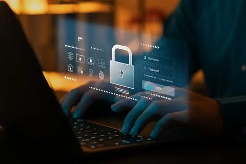 Cyber ??network security data protection on internet, businessman using lap.. Stock Photos