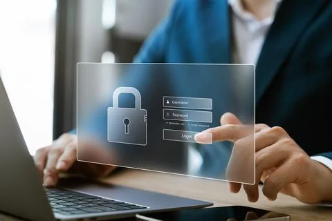 Cyber ??network security data protection on internet, businessman using lap.. Stock Photos