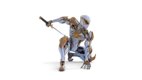 Cyber ninja with sword on white background Stock Footage 308041910