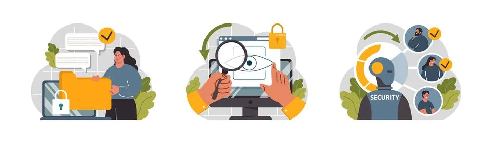 Cyber or web security set. Artificial intelligence provide data protection Stock Illustration