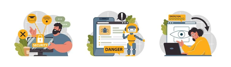 Cyber or web security set. Artificial intelligence provide data protection Stock Illustration