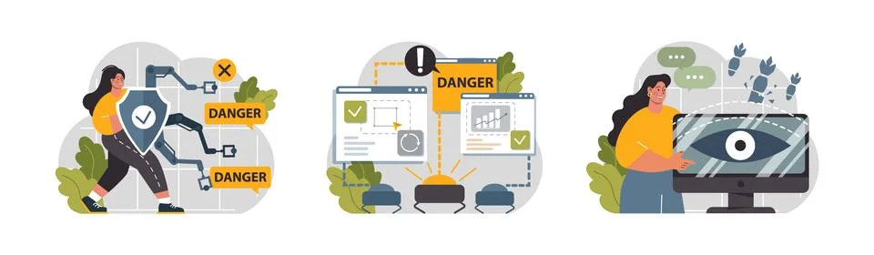 Cyber or web security set. Artificial intelligence provide data protection Stock Illustration