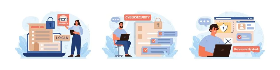 Cyber or web security set. Artificial intelligence provide data protection Stock Illustration