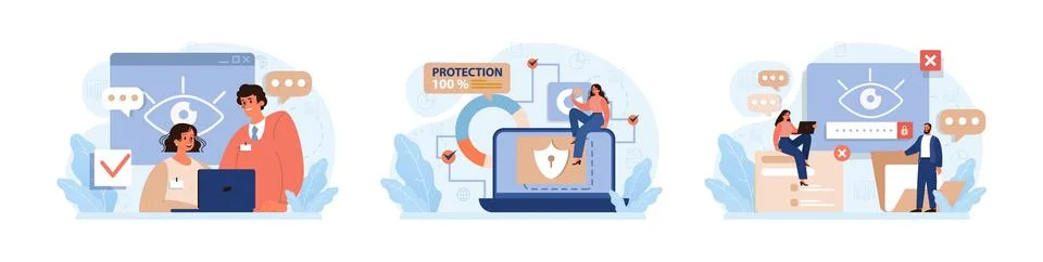 Cyber or web security set. Artificial intelligence provide data protection Stock Illustration