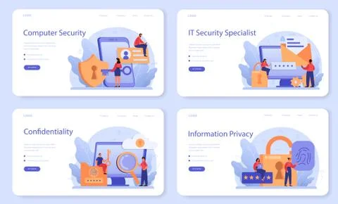 Cyber or web security specialist web banner or landing page set. 스톡 일러스트
