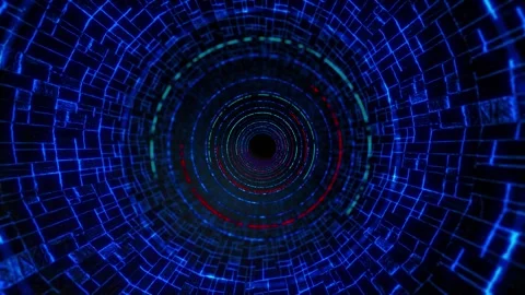 Cyber portal tunnel motion visual blue grid circles, deep vortex center, and glo Stock Footage 340479426