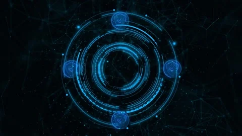 Cyber protection interface visual with glowing blue rings, shield checks, and da 스톡 동영상 340552234