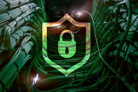 Cyber protection shield icon on server room background. Information Security  Stock Illustration