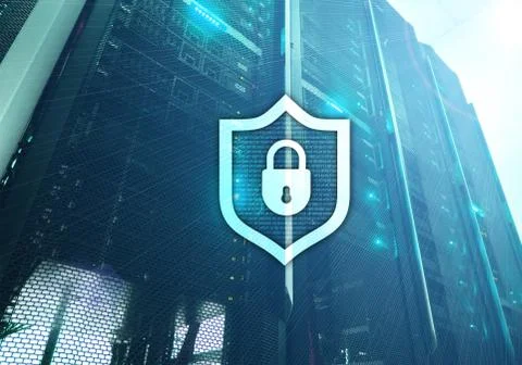 Cyber protection shield icon on server room background. Information Security  Illustrazione stock