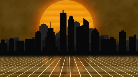 Cyber punk city concept. Sci-fi from 80s Sunset or sunrise over city Cinemagraph Stock Footage 152734970