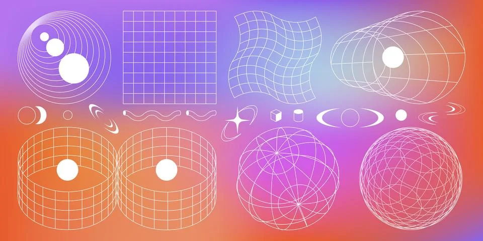 Cyber retro grid elements with wireframe shapes Stock Illustration