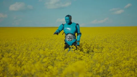 Cyber robot android working on agricultural field landscape. Futuristic farm Stock Footage 133294265