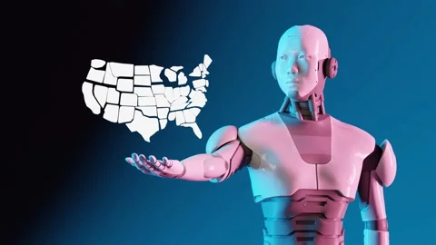 Cyber robot humanoid holding a map on United States of America in his Stock-Footage 256281686