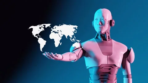 Cyber robot humanoid holding a map on United States of America in his Stock-Footage 257382134