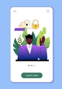 Cyber safety poster. Young guy with cloud wth padlock. Internet safety and Stock Illustration