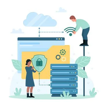 Cyber safety software, digital technology, tiny people protect data in computer Stock Illustration