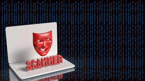 Cyber Scammer Mask Emerging From Laptop Screen 3d render. Stock Illustration