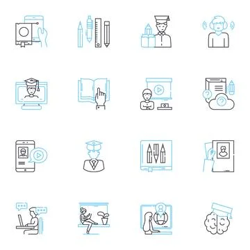 Cyber schooling linear icons set. Virtual, Online, Distance, E-learning, Remote Stock Illustration