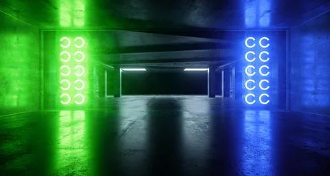 Cyber Sci Fi Futuristic Stage Showcase Blue Green Circle Beams Neon Lasers .. Ilustración de archivo