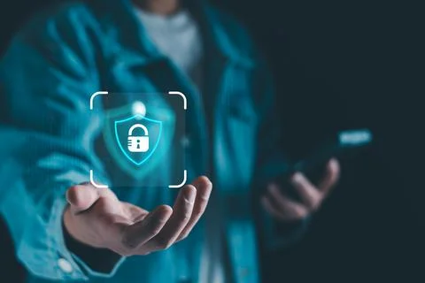 Cyber secure concept. Digital information network protect by firewall. User p Foto stock
