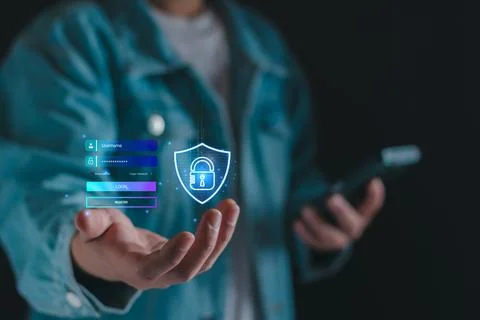 Cyber secure concept. Digital information network protect by firewall. User p 写真素材