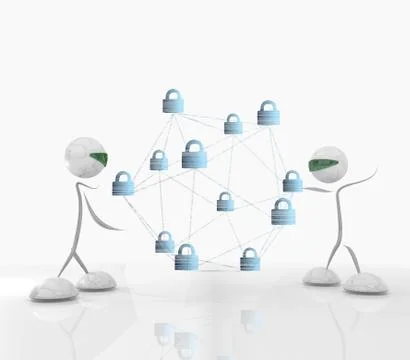 Cyber secure network with two 3d characters Stock Illustration
