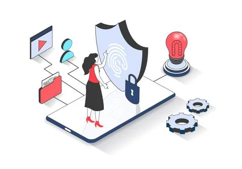 Cyber security 3d isometric concept with isometry people design for web. Wo.. Stock Illustration