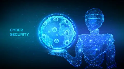 Cyber security. Abstract 3d low polygonal robot holding Earth globe. Informat Stock Illustration