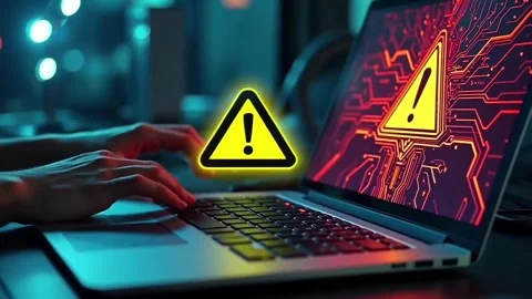 Cyber security alert it programmer using laptop with caution warning Stock Footage 304432193