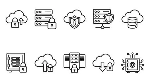 Cyber security and cloud storage line icons secure data protection technolo.. Stock Illustration