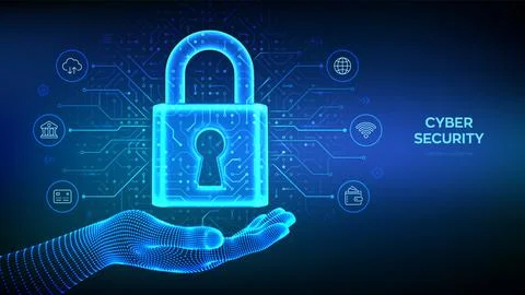 Cyber security and data protection concept. Padlock with keyhole in wirefra.. Stock-Illustration