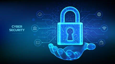 Cyber security and data protection concept. Padlock with keyhole in wireframe Stockillustratie