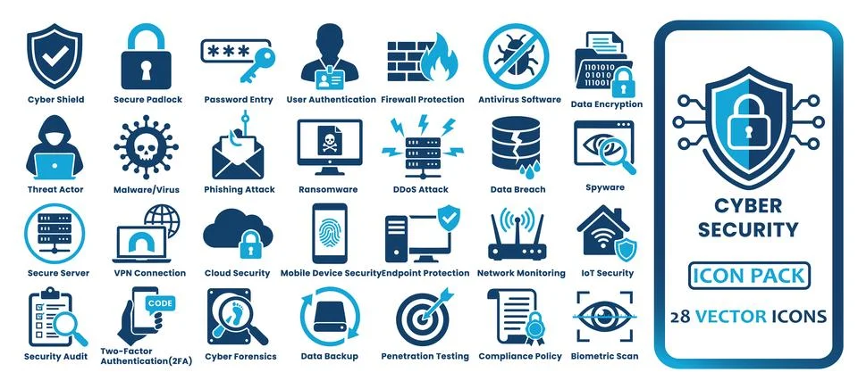 Cyber security and data protection solid icon set. Features firewall, antiv.. Stock-Illustration