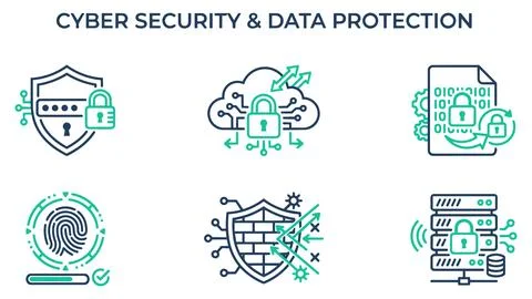 Cyber security and data protection linear icon set with security, protection Stock Illustration