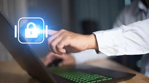 Cyber security and data protection. Businessman holding padlock protecting .. Stock Photos