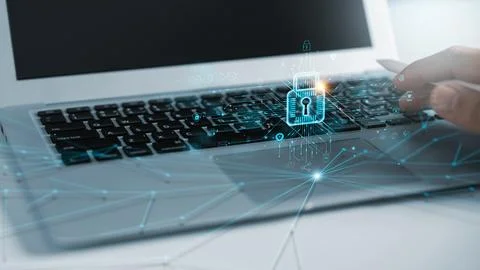 Cyber ??security and data protection, businessman using laptop Internet net.. Stock Photos