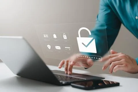 Cyber ??security and data protection, businessman using laptop Internet net.. Stock Photos