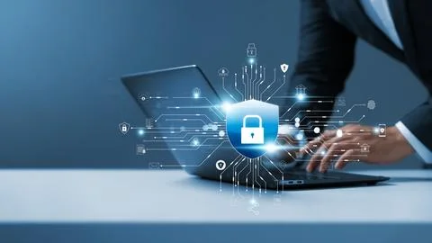 Cyber ??security and data protection, businessman using laptop Internet net.. Stock Photos