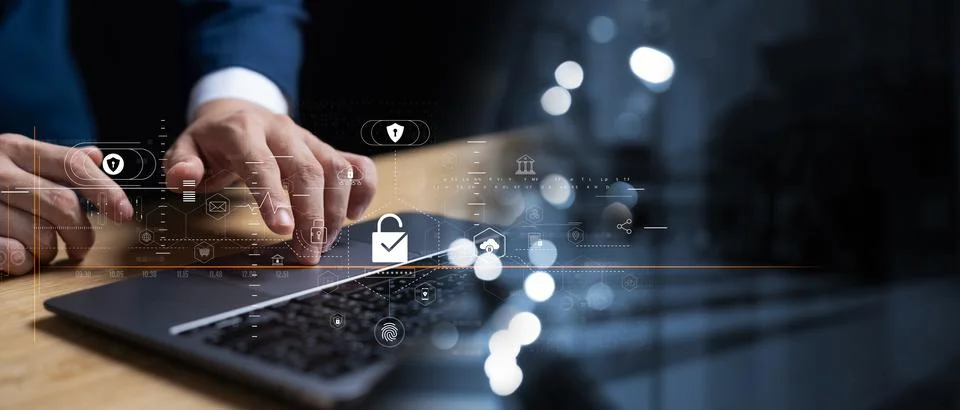 Cyber ??security and data protection, businessman using laptop Internet net.. Stock Photos
