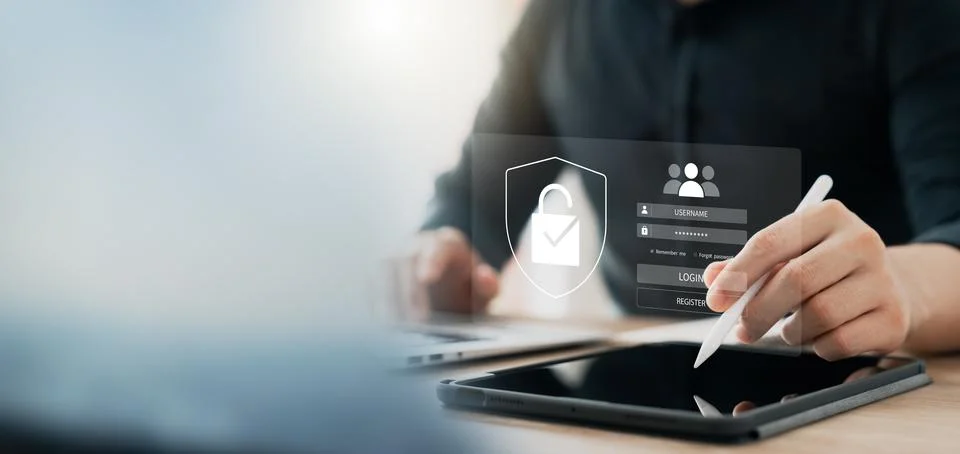 Cyber security and data protection, businessman use laptop and tablet Inter.. 스톡 사진
