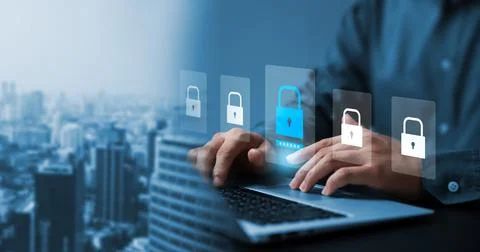 Cyber security and data protection, businessman using laptop internet netwo.. Stock Photos