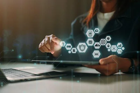 Cyber security and data protection. Businesswoman protecting personal data on Stock Photos